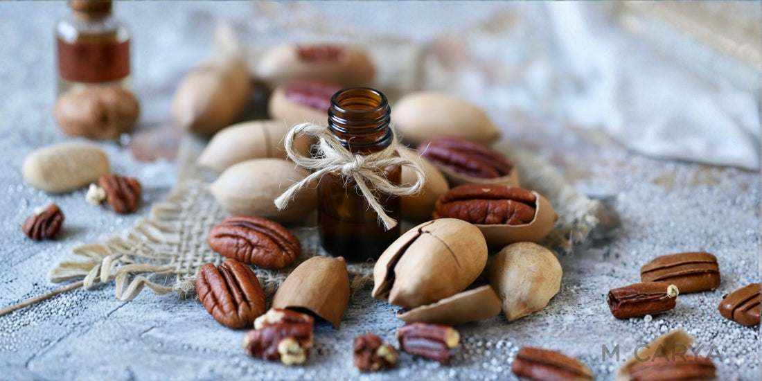 Amber bottle of cold-pressed pecan oil surrounded by pecans on a rustic surface.