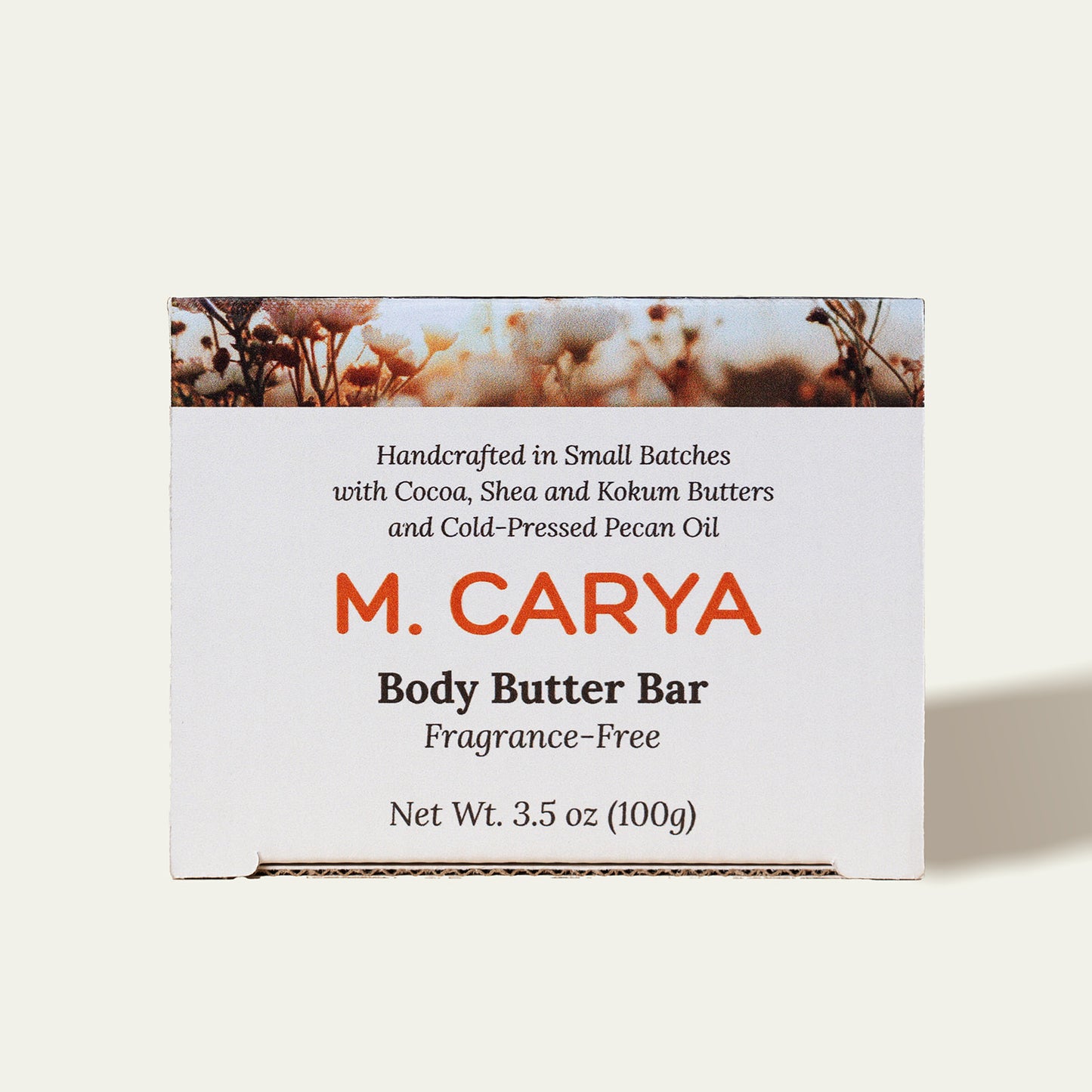 M. Carya Body Butter Bar in white box with pecan oil, cocoa, shea, and kokum butters – 3.5 oz.