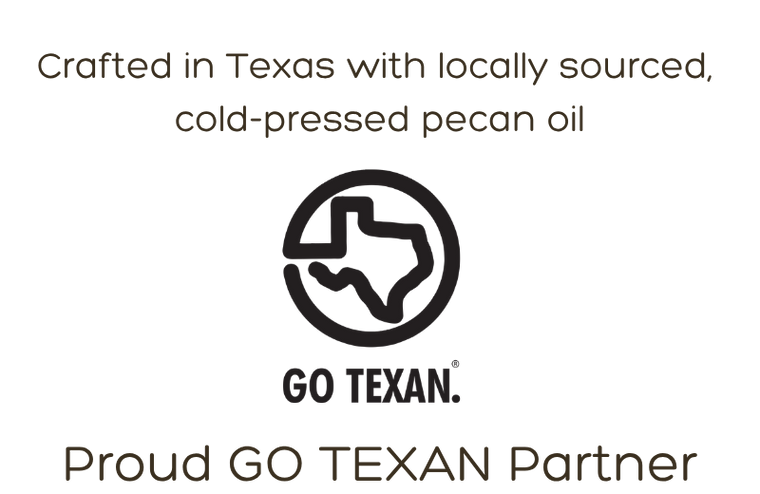 GO TEXAN logo with text about locally sourced pecan oil on a white background